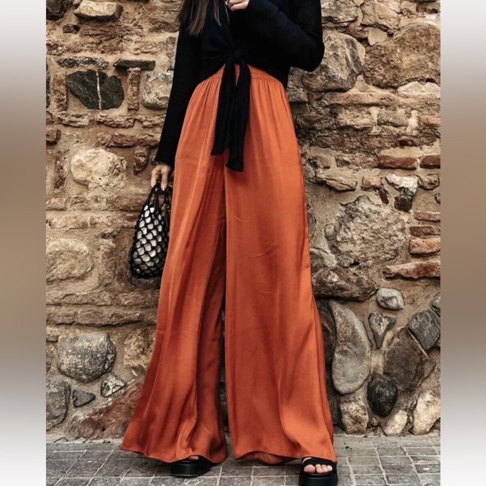 Zara Rust High-Waist Wide-Leg Pants